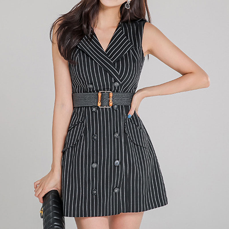 Black striped lapel sleeve belted bodycon dresses