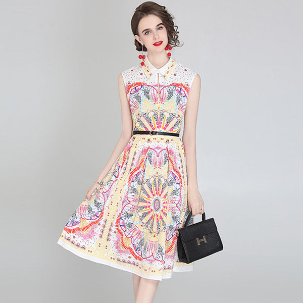 Sweet sleeveless floral belted a-line dresses