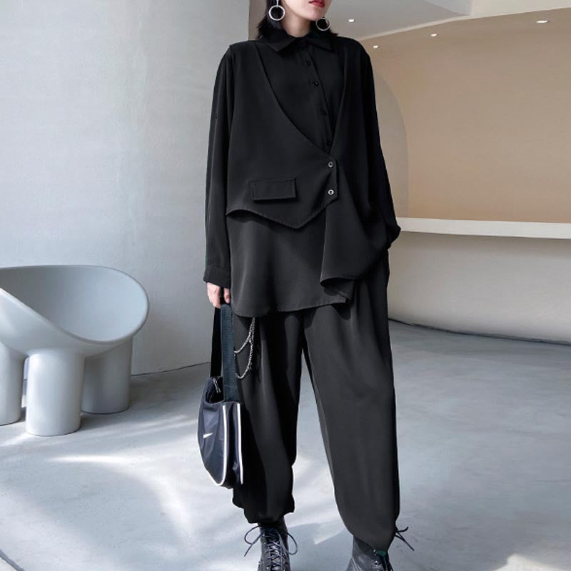 Casual irregular lapel fake 2-piece blouses and straight pants suits