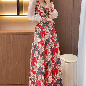 Sweet print patch square neck maxi dresses