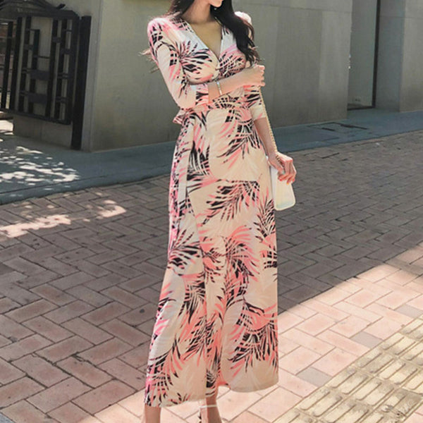 3/4 sleeve v-neck split maxi dresses