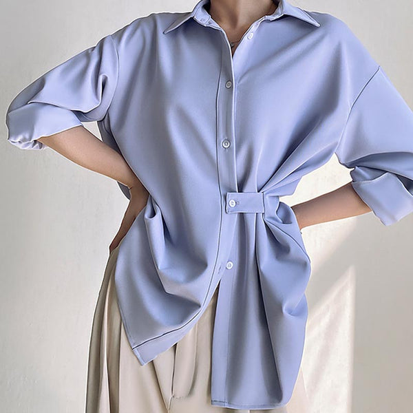 Loose lapel long sleeve button up blouses