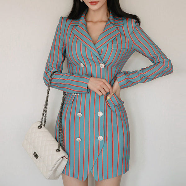 Double-breasted lapel color blocked mini dresses