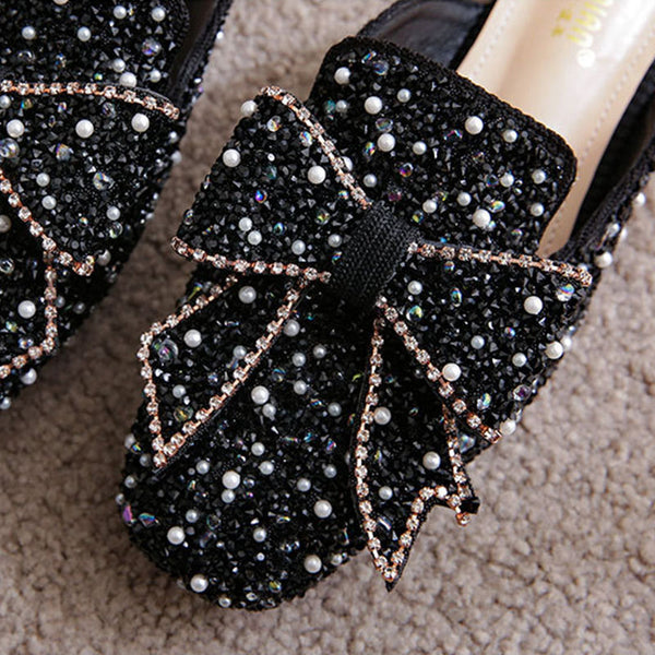 Pearl sequin bowknot casual flat slippers