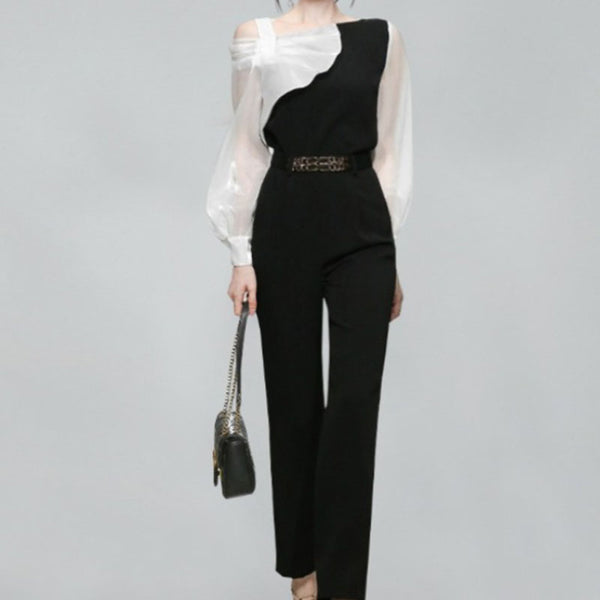 Off-the-shoulder patchwork mesh top & high waisted straight pants