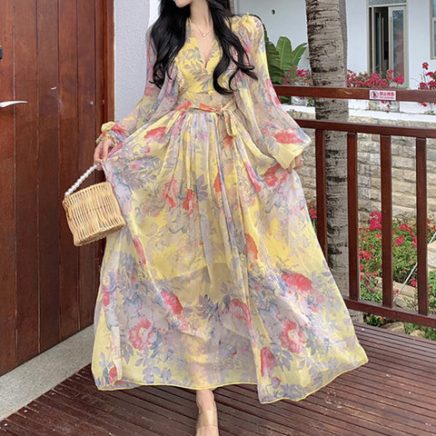 Boho V-Neck Floral Chiffon Dress Backless Beach Maxi Dress