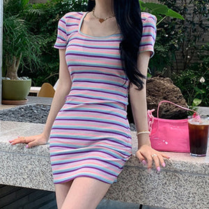 Square neck multi striped knitted bodycon dresses