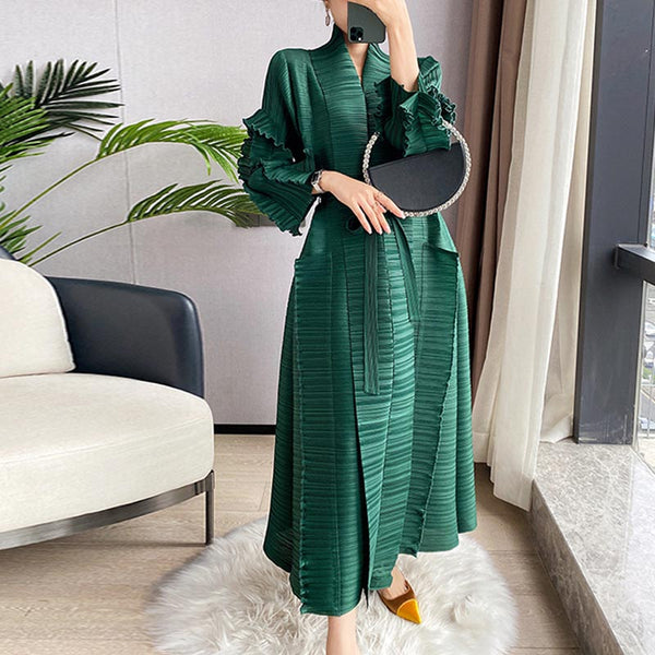 Chic shirred long sleeve belted long dresses