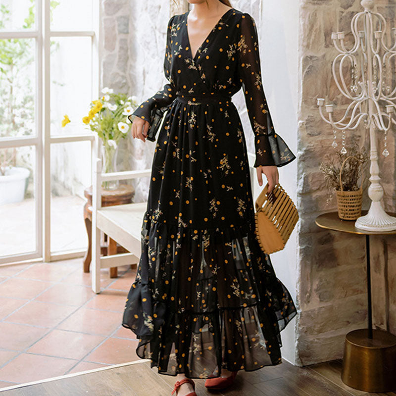 Black v-neck floral chiffon a-line dresses