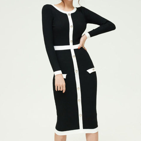 Crew neck patchwork single-breasted knee length black knitted dresses