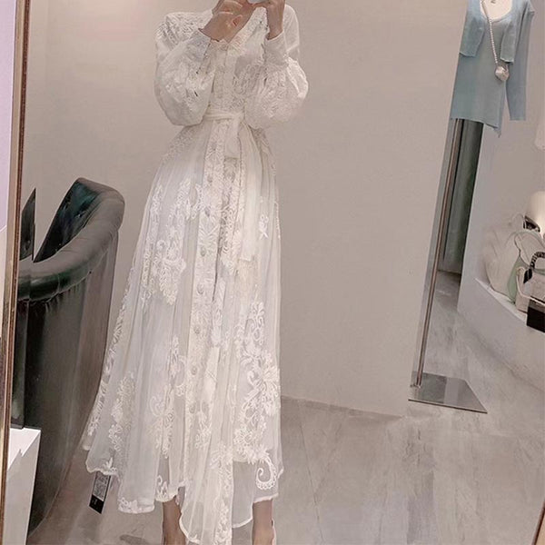 Long sleeve button down lace maxi dresses