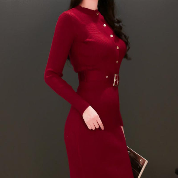 Crew neck solid stretchy knitted bodycon dresses