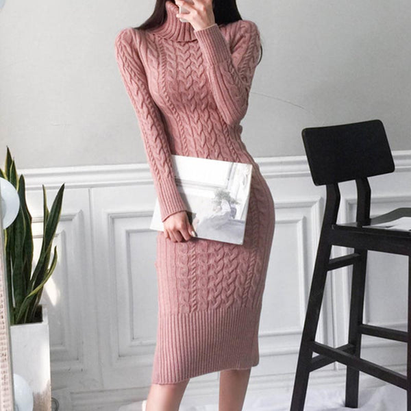 Turtleneck cable knit midi dresses
