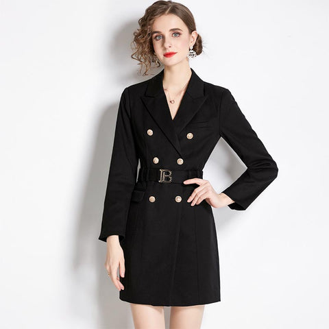 Stylish solid lapel long sleeve belted blazers dresses