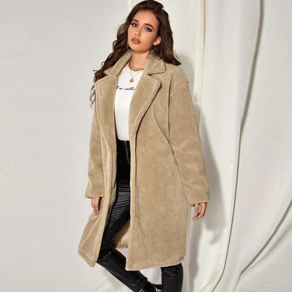 Lapel solid faux fur versatile long coats