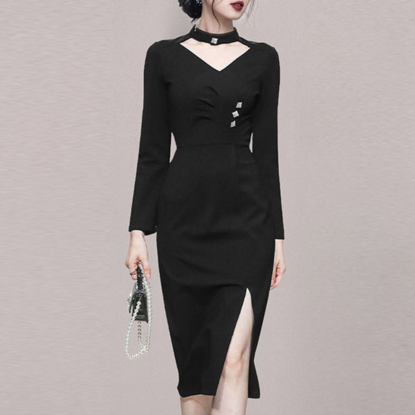 Halter neck long sleeve slim black dresses