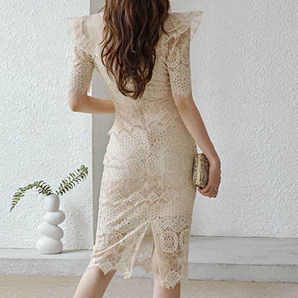 Elegant lace ruffle neck short sleeve bodycon dresses