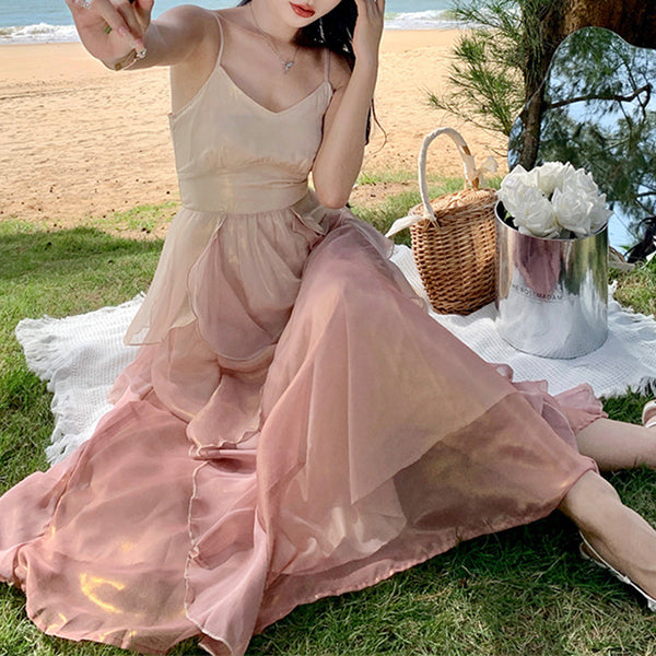 Sweet & cute tulle frill trim gradient slip dresses