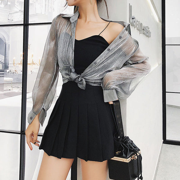 Long sleeve gathered waist pleated knitted skirt suits