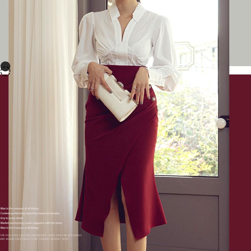 V-neck solid blouses & Irregular peplum skirts