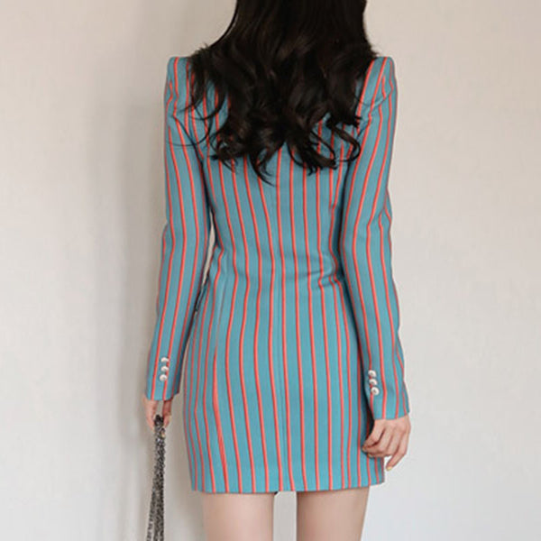 Double-breasted lapel color blocked mini dresses