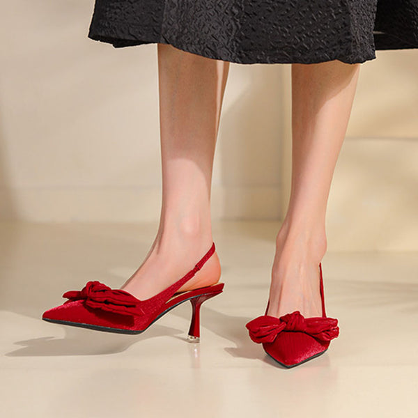Solid satin bow tie pointed sandals