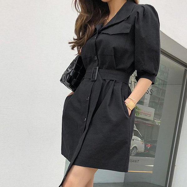 Solid turn-down collar belted mini dresses