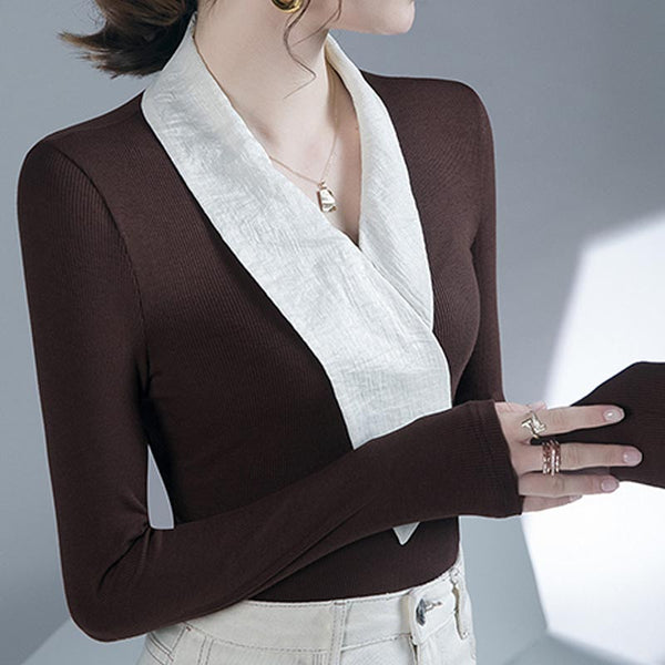 Elegant patch v-neck long sleeve tops