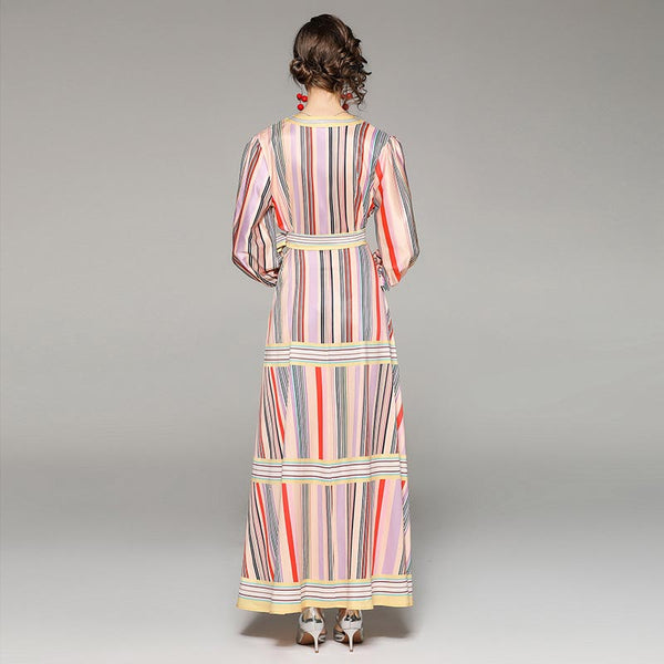Puff sleeve stripped color blocked long dresses
