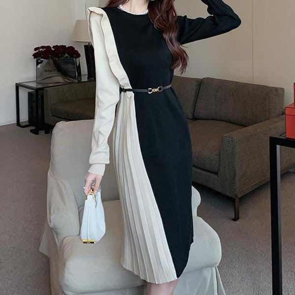 Stylish patch crew neck long sleeve pleated skater dresses