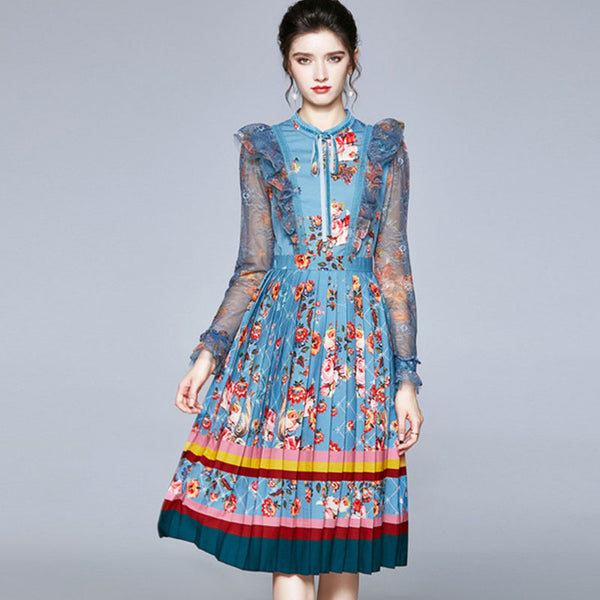 Lace patchwork sleeve pleated floral dresses