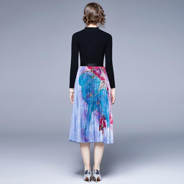 Women's long sleeve knit top & floral midi skirts