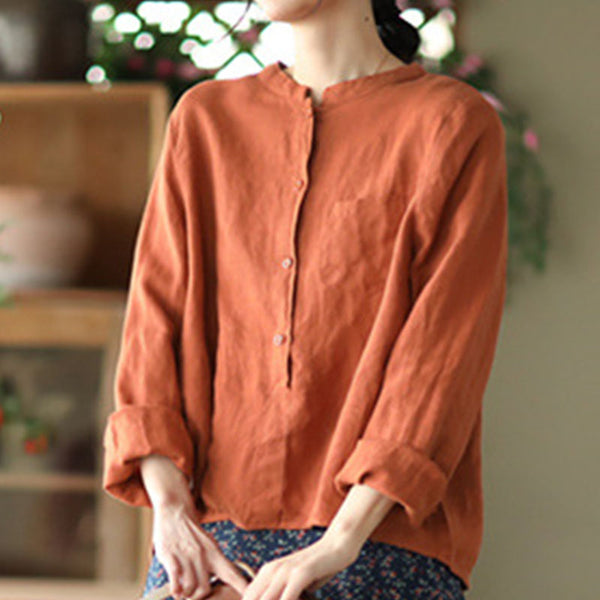 Retro linen mock neck long sleeve blouses