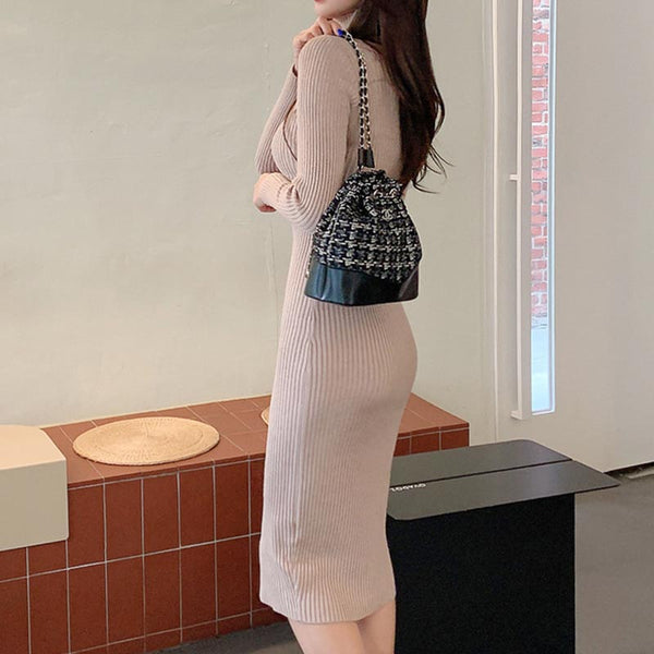 Turtleneck solid brief knitted bodycon dresses