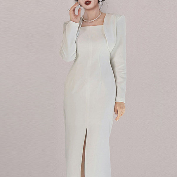 Square neck long sleeve white bodycon dresses