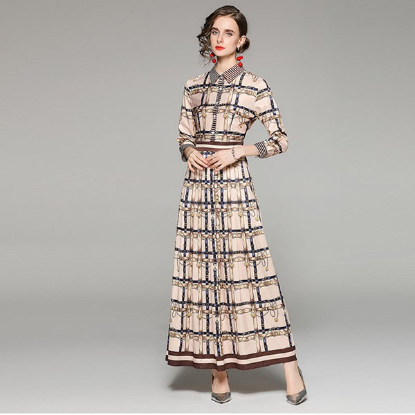 Elegant plaid lapel long sleeve pleated maxi dresses